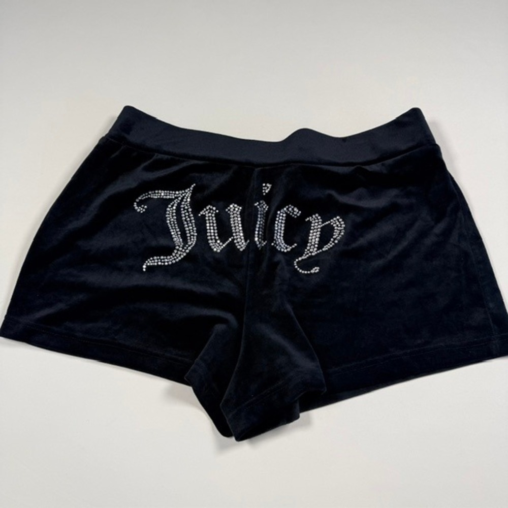 Juicy Couture Black Velour Rhinestone Logo Shorts Women Large Y2K Lounge Crystal